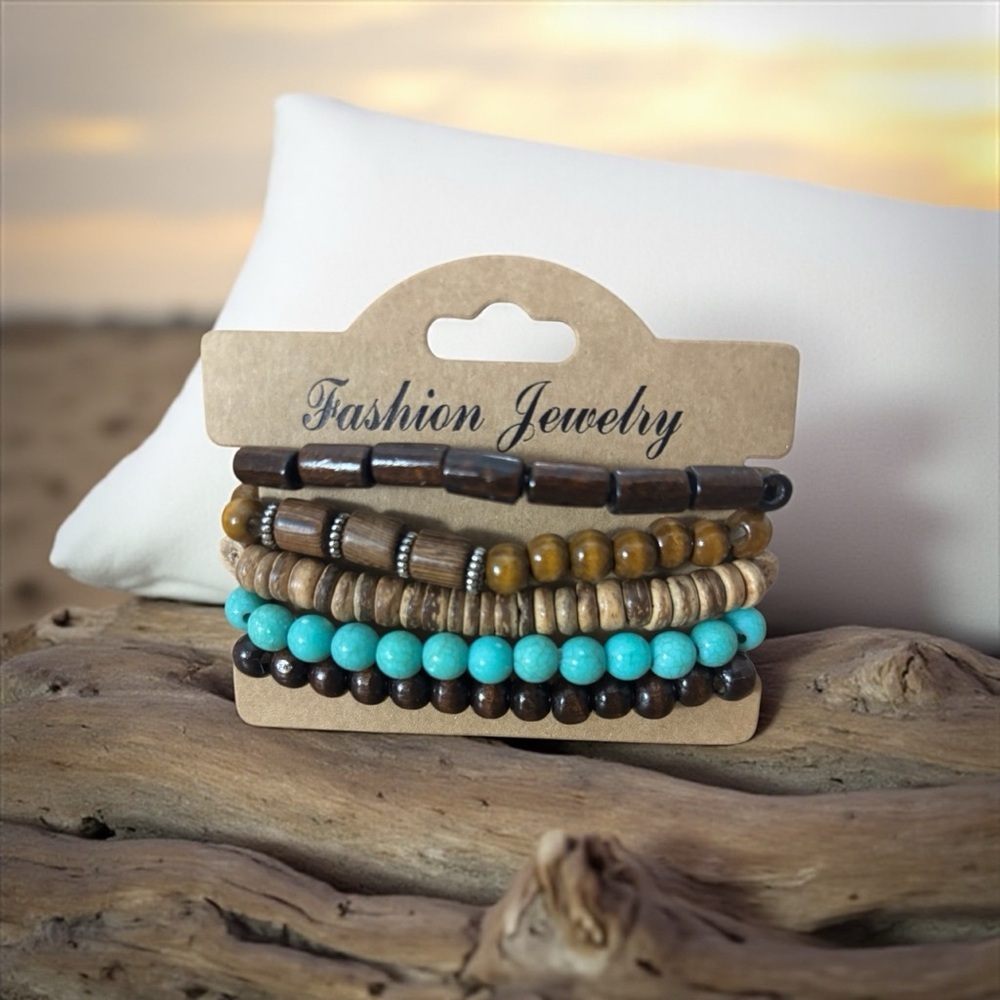 Fashion Jewelry Turquoise and Brown Beaded Bracelet Set with silver accents